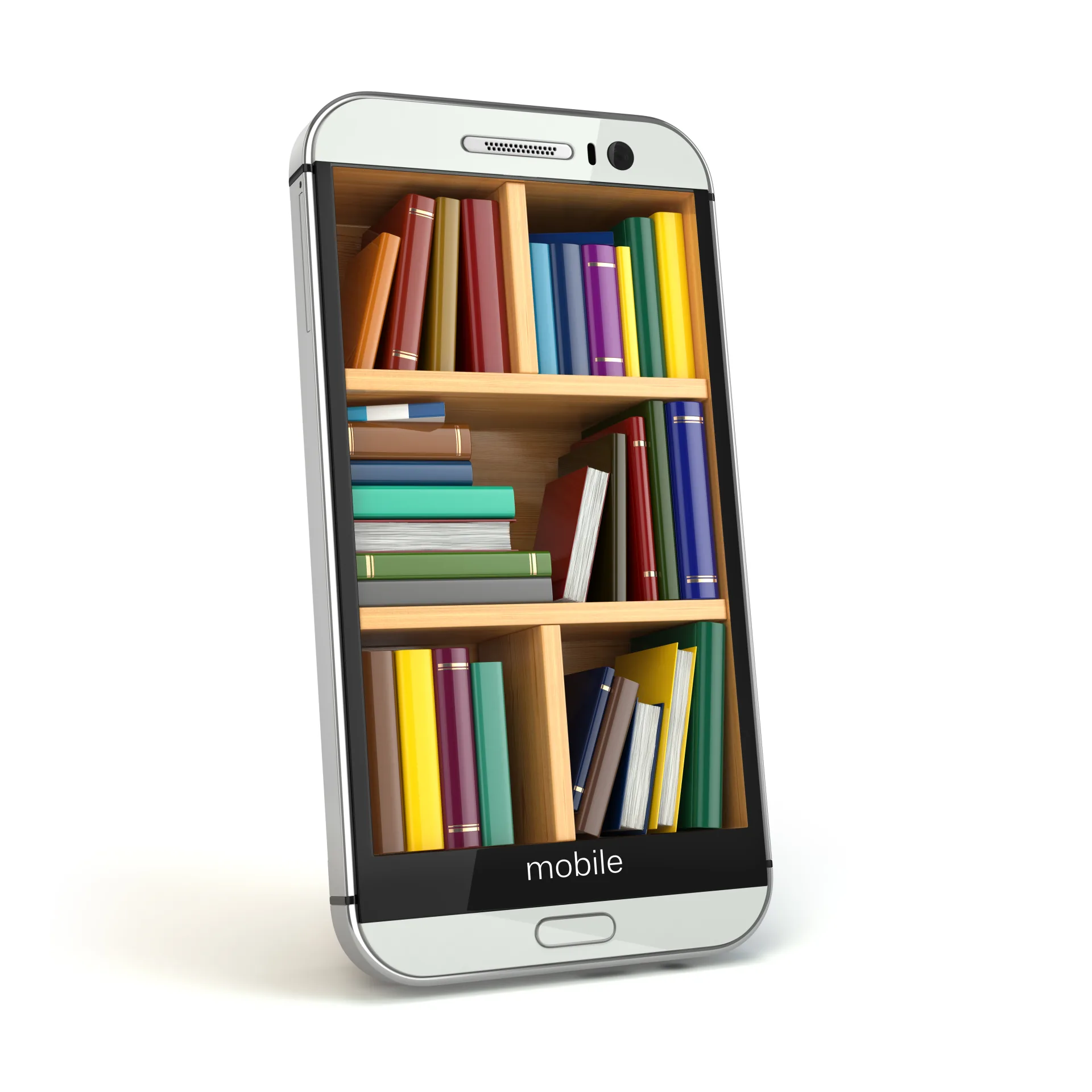 Uno smartphone con lo schermo che mostra una libreria piena di libri colorati, simbolo di apprendimento digitale in mobilità