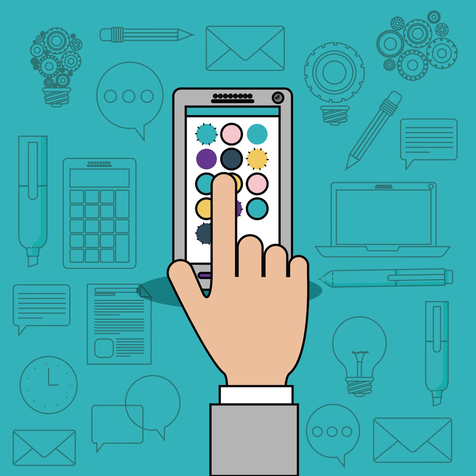 Mano che interagisce con smartphone su sfondo di icone legate all’apprendimento digitale