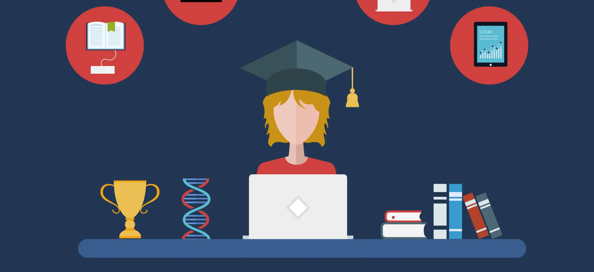 Persona con cappello da laurea studia al computer circondata da simboli di apprendimento digitale e mobile