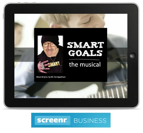 Tablet che mostra una presentazione interattiva con titolo SMART GOALS the musical, esempio di mobile learning con Screenr