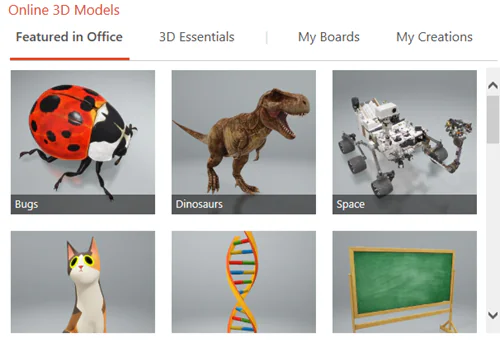Selezione di modelli 3D in PowerPoint come coccinella, dinosauro, rover e lavagna per arricchire corsi e-learning