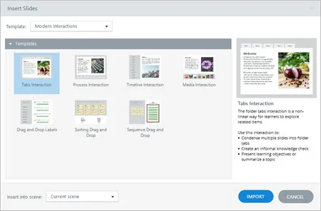 Finestra di Storyline 360 che mostra la selezione di modelli di interazione per inserire diapositive nei corsi e-learning