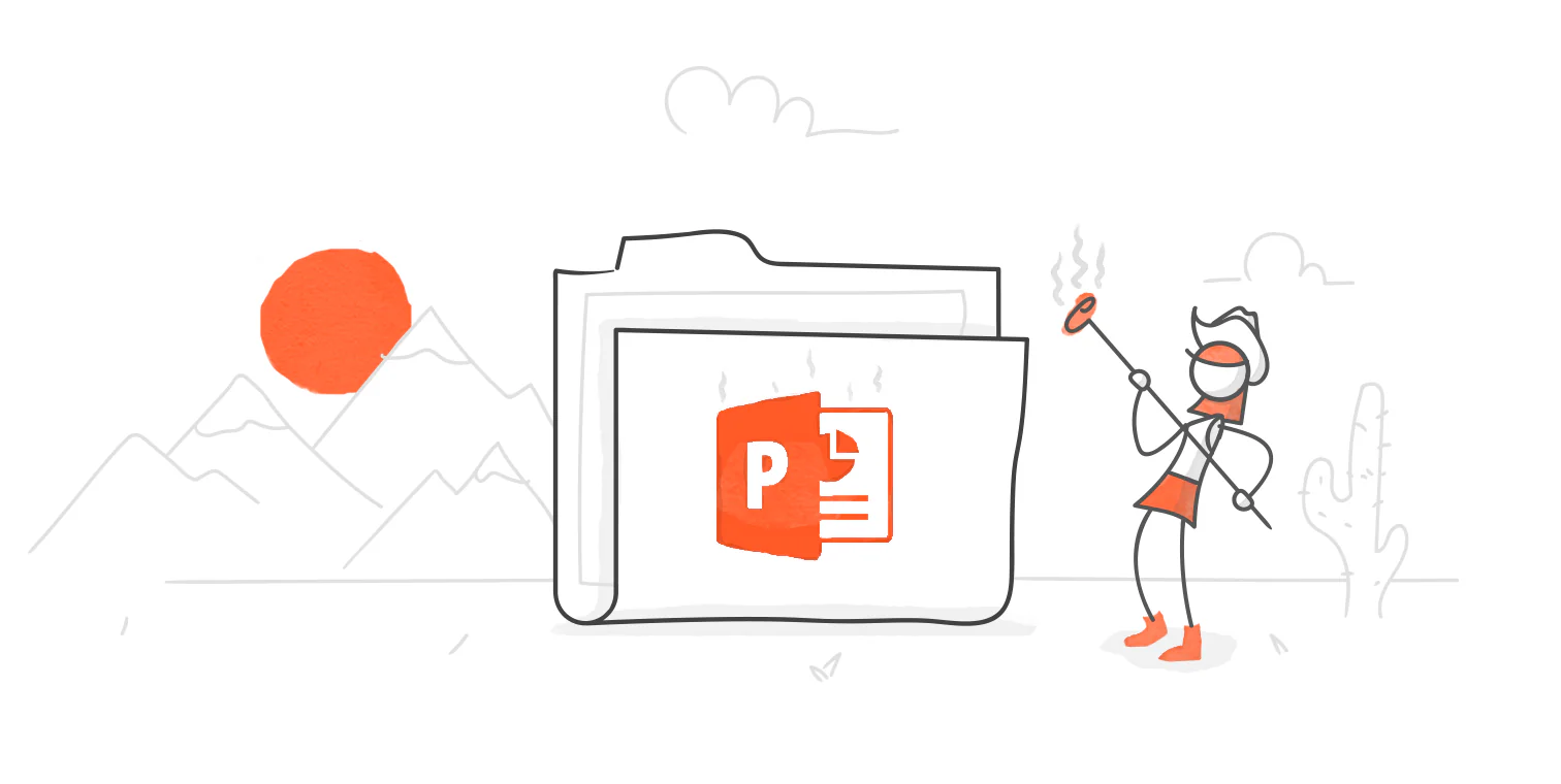 Cartella con icona PowerPoint e personaggio illustrato stile cowboy accanto, simbolo di risorse gratuite per presentazioni