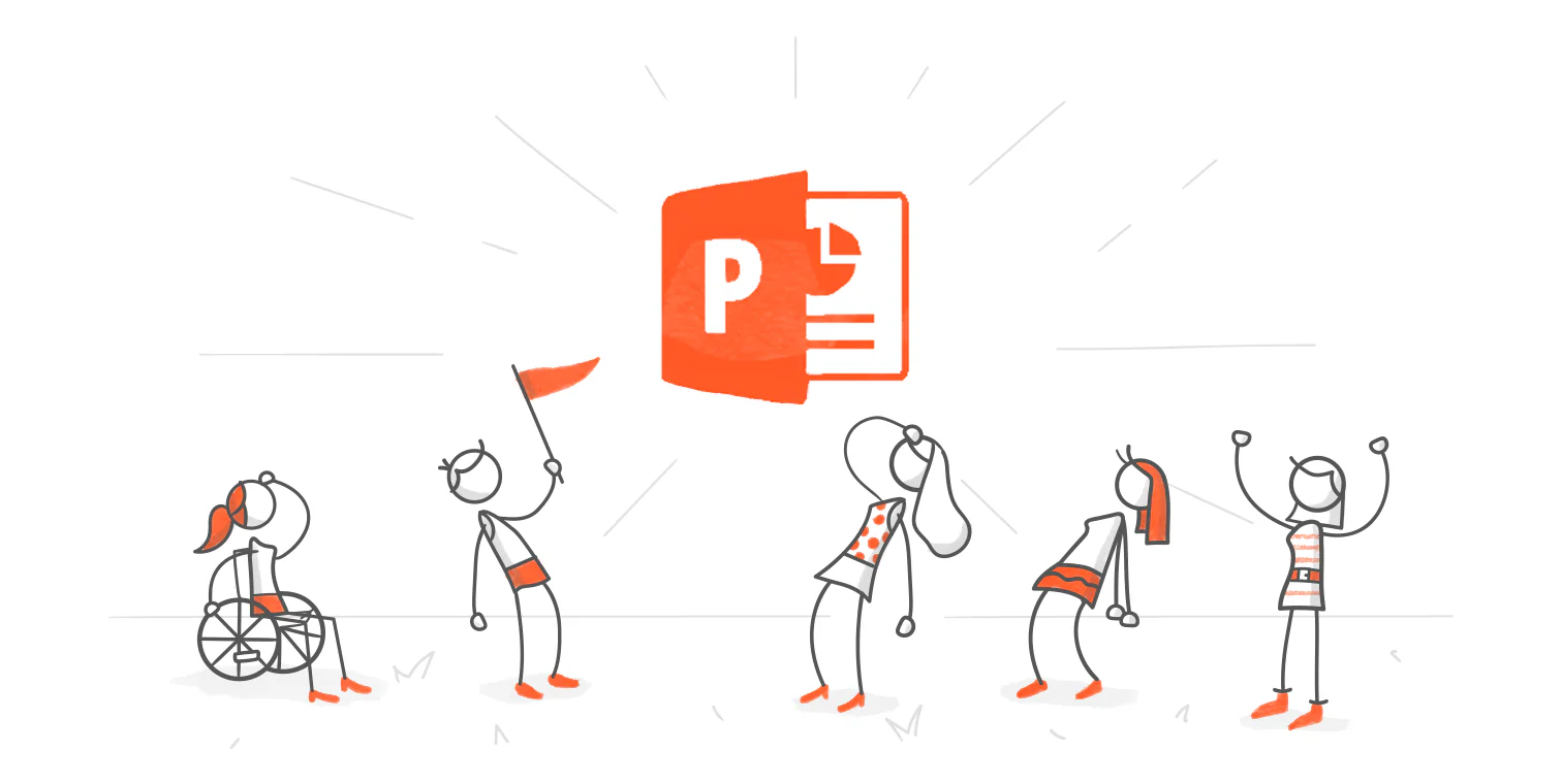 Figure stilizzate festeggiano il logo PowerPoint, simbolo di creatività e collaborazione nella community elearning