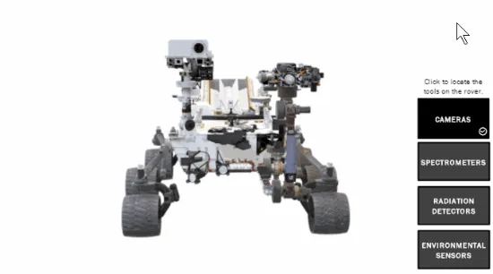 Modello 3D del Mars Rover animato in PowerPoint con pulsanti interattivi per esplorare strumenti e sensori