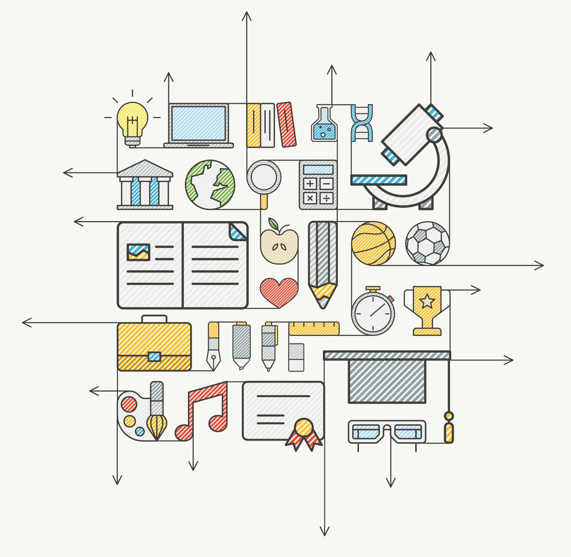 Simboli educativi come libri, microscopio, computer e diploma rappresentano le fonti di apprendimento del modello 70:20:10