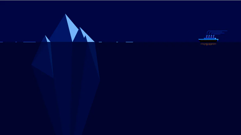 Iceberg stilizzato con una nave in lontananza, metafora della profondità dell’apprendimento nel modello 70 20 10