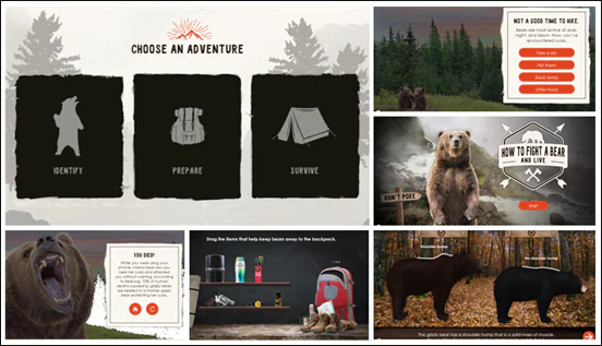 Anteprima di un corso elearning interattivo su come affrontare un orso grizzly, con schermate di scelta, quiz e modelli 3D