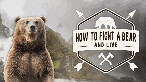 Orso grizzly accanto a un logo How to Fight a Bear and Live per un esempio di corso elearning interattivo