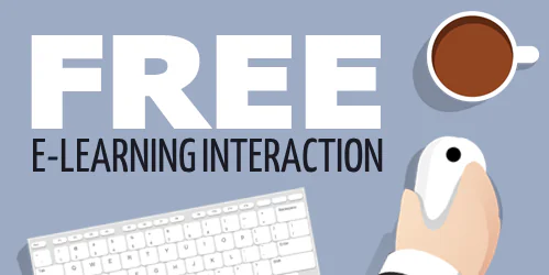 Scritta free e-learning interaction con tastiera, mouse e tazza di caffè su sfondo blu per promuovere un modello interattivo