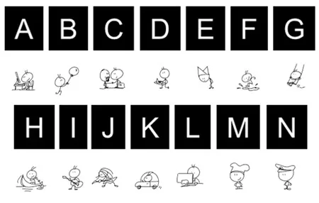 Tabella che abbina lettere maiuscole a icone dingbat stilizzate per facilitare la scelta dei font nei corsi e-learning