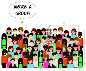 Gruppo di persone stilizzate raggruppate in un vettore modificabile in PowerPoint con selezione attiva