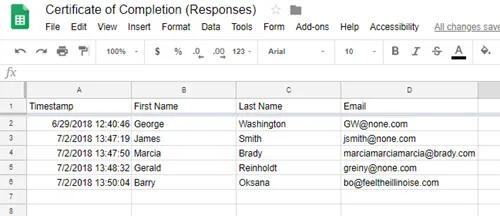 Tabella Google Sheet con nomi, email e timestamp per tracciare il completamento di corsi e-learning senza LMS