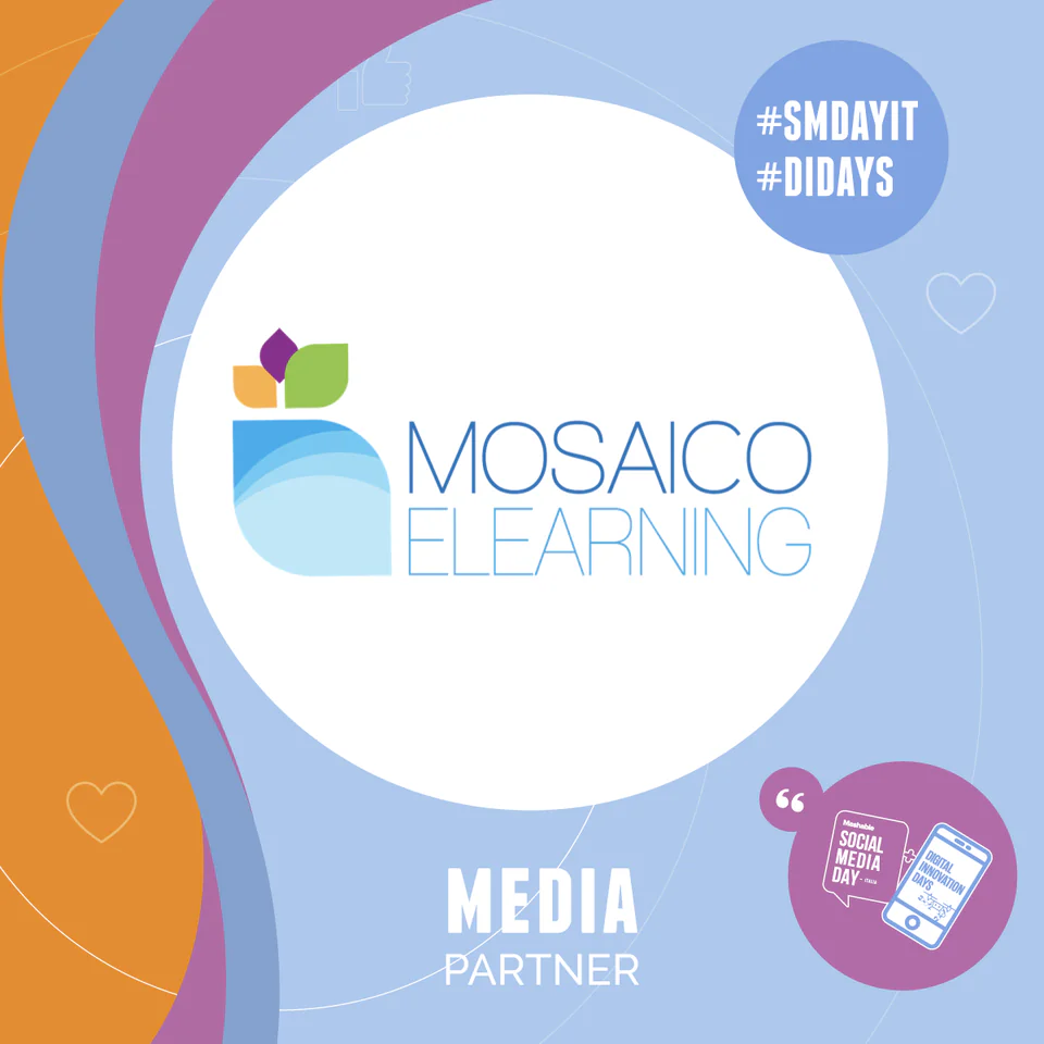 Logo Mosaicoelearning al centro con badge Media Partner per Mashable Social Media Day e Digital Innovation Days