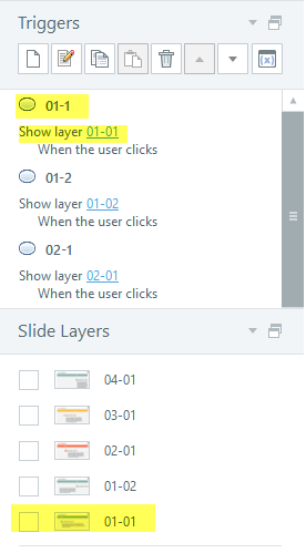 Pannello di Articulate Storyline con trigger e livelli nominati in modo chiaro per la gestione di un template e-learning