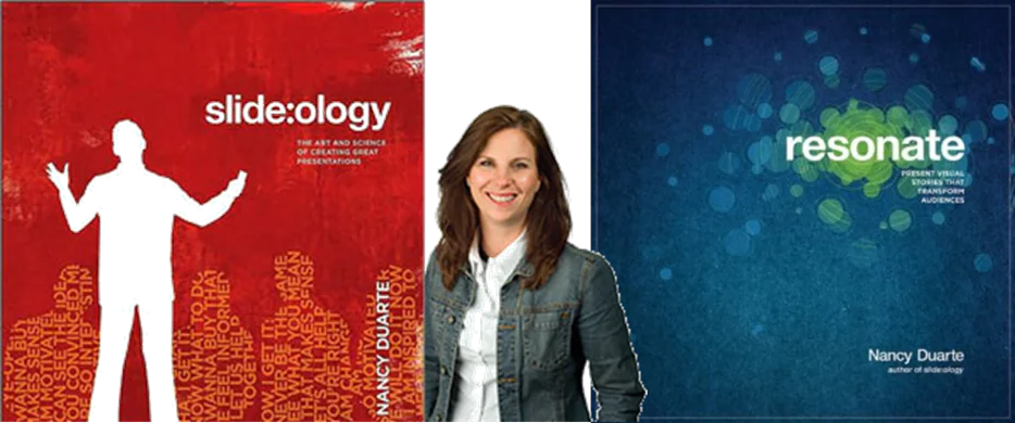 Nancy Duarte tra le copertine dei libri Slide:ology e Resonate, riferiti a storytelling e presentazioni nell’e-learning