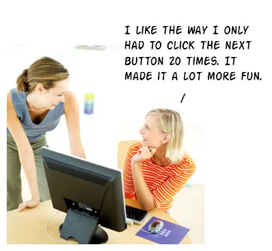 Due donne discutono davanti a un computer con una frase ironica sulla ripetitività del pulsante next nei corsi e-learning