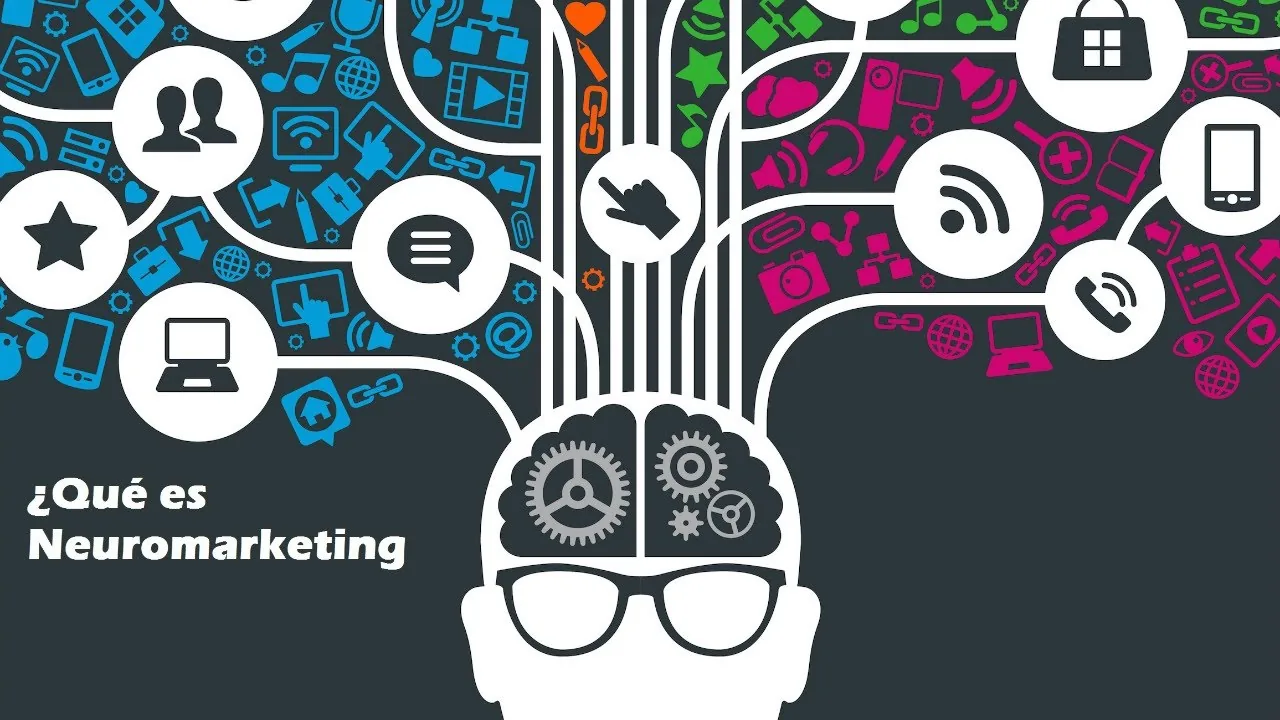 Testa stilizzata con ingranaggi e icone digitali che rappresentano i processi decisionali nel neuromarketing