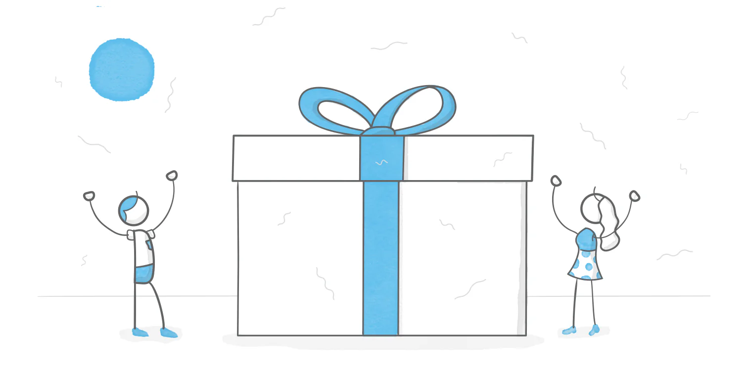 Due personaggi stilizzati festeggiano davanti a un grande pacco regalo azzurro, simbolo delle novità di Articulate 360