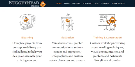 Tre servizi offerti da NuggetHead Studios con icone illustrate e descrizioni per elearning, illustrazione e consulenza