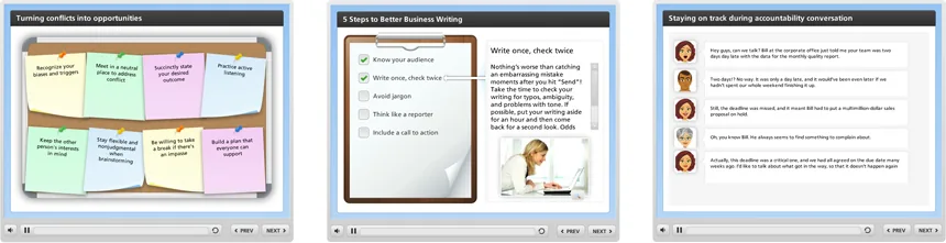 Tre esempi di nuove interazioni di Articulate Engage ’12 con post-it, checklist e simulazione di chat per corsi e-learning