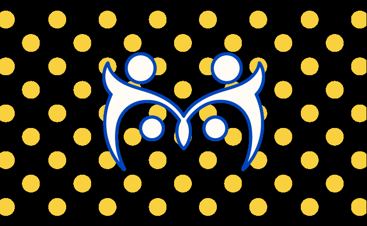 Logo stilizzato di Mosaicoelearning con due figure umane che formano una M su sfondo a pois gialli, simbolo di collaborazione