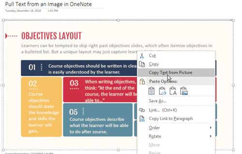 Funzione OCR di OneNote per copiare testo da un'immagine di un corso e-learning in Flash