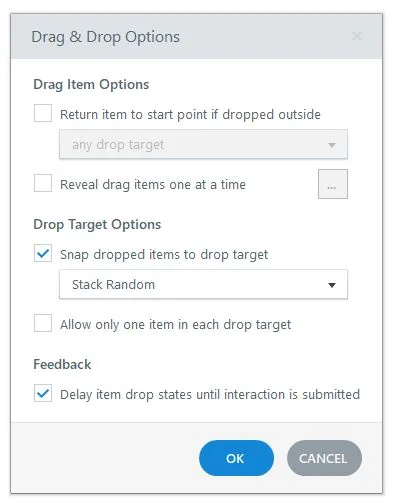 Finestra delle opzioni drag and drop in Articulate Storyline con impostazioni su ordine, feedback e target