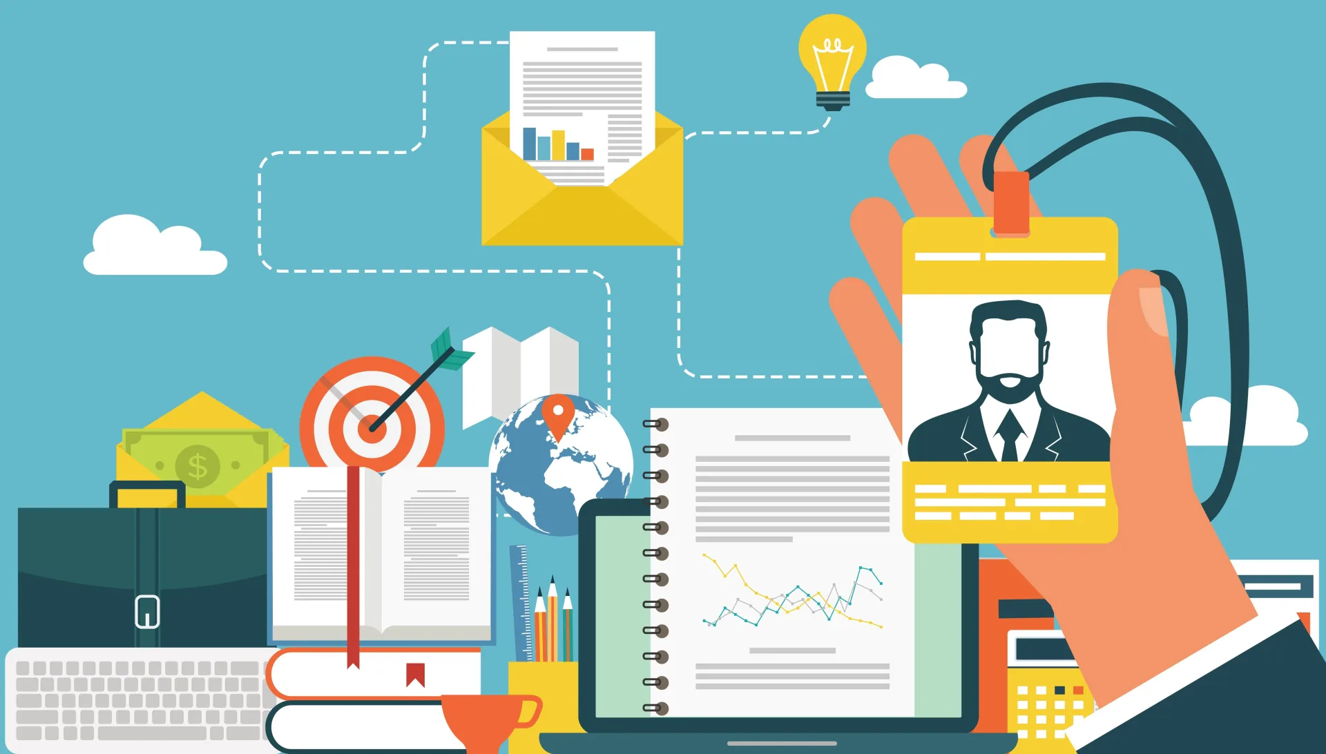 Laptop, badge, libri e grafici rappresentano la progettazione e la gestione di corsi elearning e deep learning