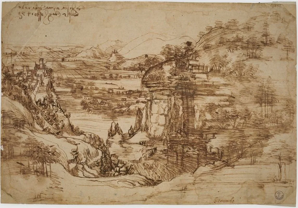 Disegno a inchiostro di un paesaggio collinare attribuito a Leonardo da Vinci come metafora di creatività nell’e-learning