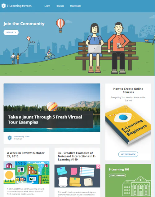 Homepage della community E-learning Heroes con grafica illustrata e sezioni dedicate a risorse per la formazione digitale