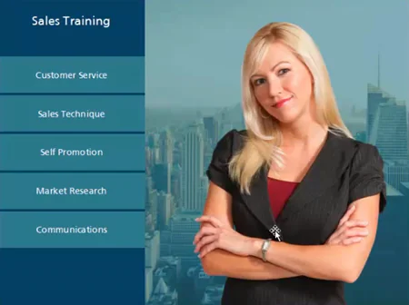 Interfaccia di corso e-learning con menu laterale blu e sfondo città, esempio di palette colori estratta da immagine