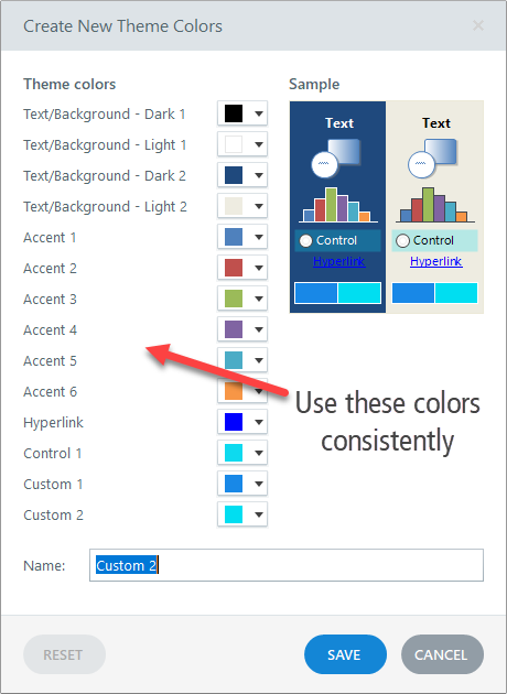 Finestra di creazione palette colori tema in Storyline con accenti e suggerimento di uso coerente dei colori