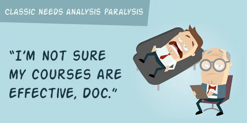 Due personaggi in stile cartoon illustrano la paralisi da analisi dei bisogni nei corsi e-learning con una scena da psicologo