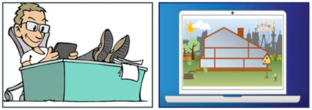 Illustrazione di una persona rilassata con tablet e schermo di laptop che mostra un template eLearning di una casa