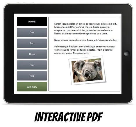 Tablet mostra un PDF interattivo con menu laterale e contenuti testuali e visivi, esempio di soluzione per mobile learning
