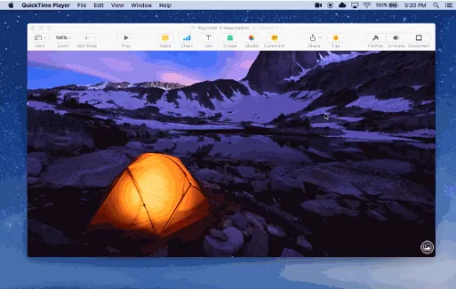 Registrazione di uno screencast con Peek su Mac che mostra una presentazione Keynote con un'immagine di una tenda illuminata
