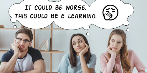 Tre giovani annoiati seduti a un tavolo esprimono insoddisfazione verso l’e-learning tramite una nuvoletta di pensiero