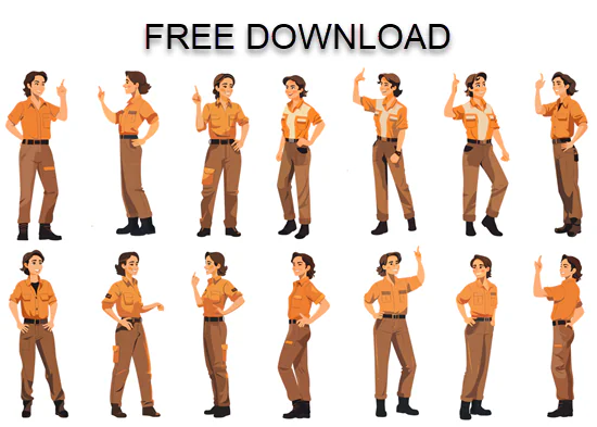 Serie di personaggi illustrati generati dall’IA in diverse pose, utili per corsi e-learning