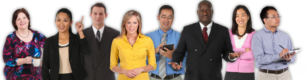 Gruppo di otto persone in abbigliamento business rappresenta personaggi per scenari e-learning