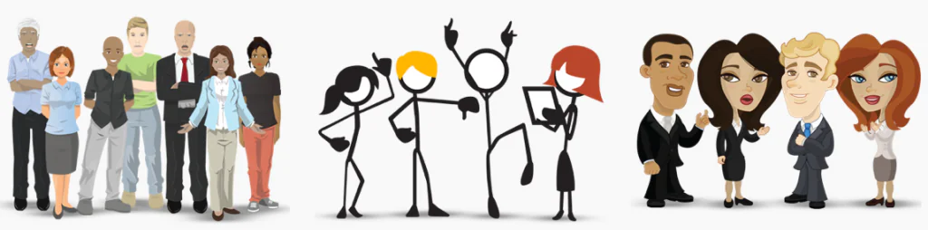 Gruppi di personaggi cartoon realistici e stilizzati usati per creare scenari e-learning coinvolgenti
