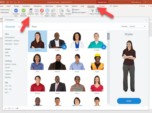 Selezione di personaggi dalla Content Library 360 integrata in PowerPoint tramite Studio 360 per corsi e-learning