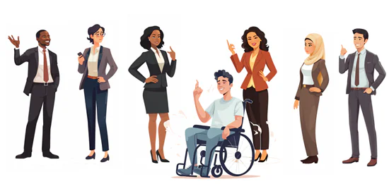 Set di personaggi AI con diverse etnie, generi e una persona in sedia a rotelle, usati per corsi e-learning inclusivi