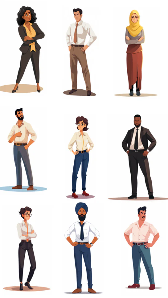Nove personaggi illustrati di diversa etnia e stile generati con intelligenza artificiale per esempi di corsi online
