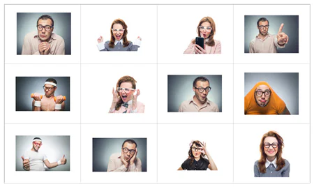 Griglia di avatar eLearning con persone che mostrano espressioni buffe per aumentare il coinvolgimento nei corsi digitali