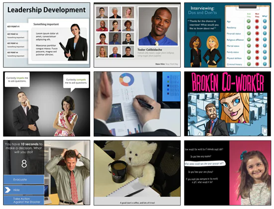 Griglia di schermate eLearning che mostra personaggi reali, avatar illustrati e diversi stili visivi
