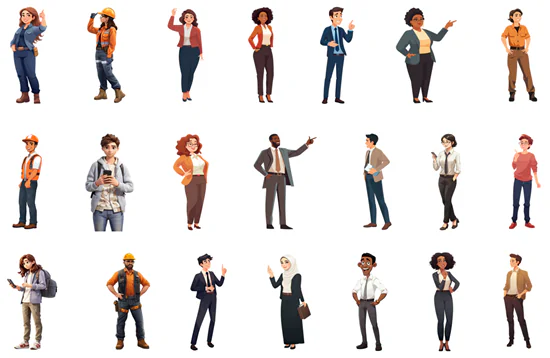 Venti personaggi illustrati in diverse pose e abbigliamenti utili per progetti di e-learning e formazione digitale