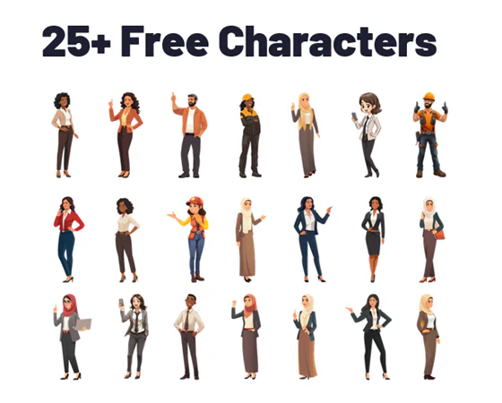 Set di 25 personaggi illustrati in diverse pose e abbigliamenti per l’e-learning e la formazione digitale