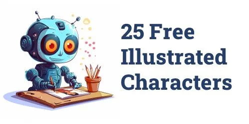 Robot illustrato che disegna su un foglio accanto al testo 25 Free Illustrated Characters per e-learning