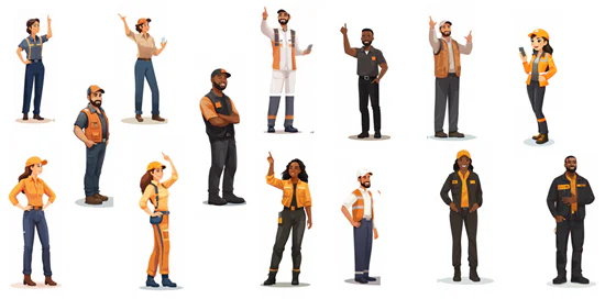 Gruppo di personaggi illustrati in abbigliamento da magazzino creati con intelligenza artificiale per scenari e-learning